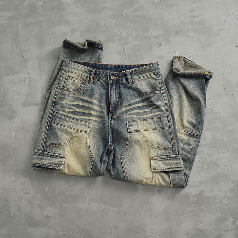 Calça reta de emenda 3D solta masculina, jeans de rua alta, moda americana, perna larga, arrasto de ferramental, alta qualidade