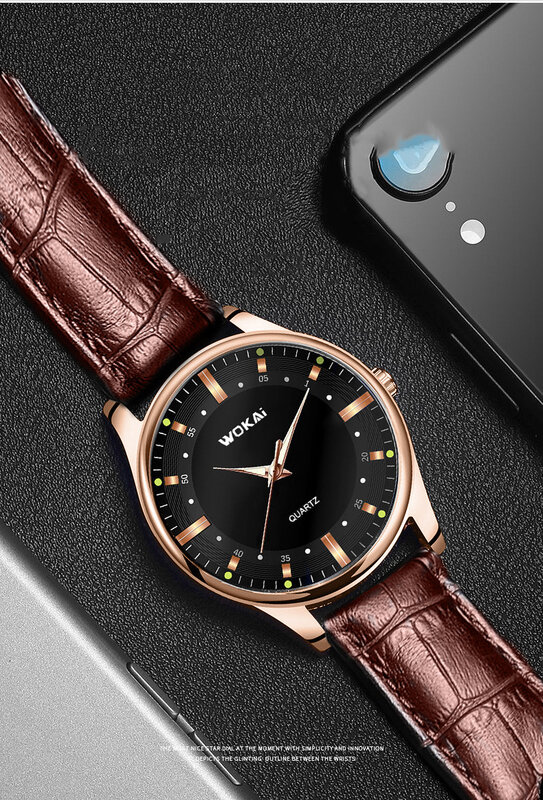 Wokai-Relógio de quartzo impermeável masculino, relógios empresariais ouro rosa, mostrador brilhante, cinto de couro, venda quente, 2023