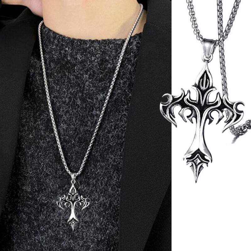 Unisex Necklace, Punk Rock Cross Stainless Steel Jewelry, Gothic Fashion Necklace