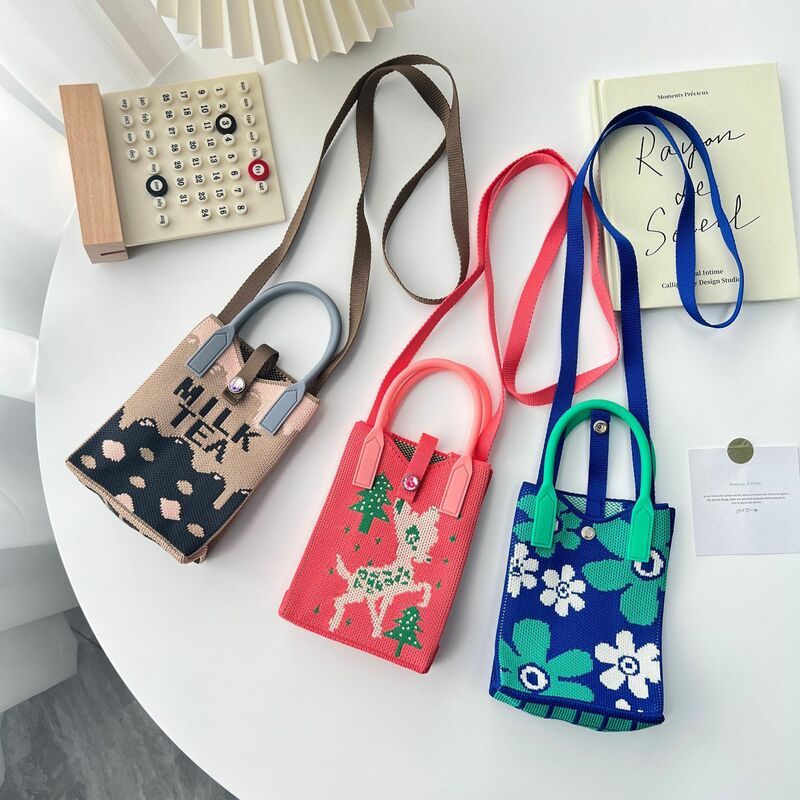 Women's Summer Fresh Mini Bag Cartoon Cell Mobile Phone Bag Cute Student Messenger Bag Knitted Shoulder Purses Handbag shopping