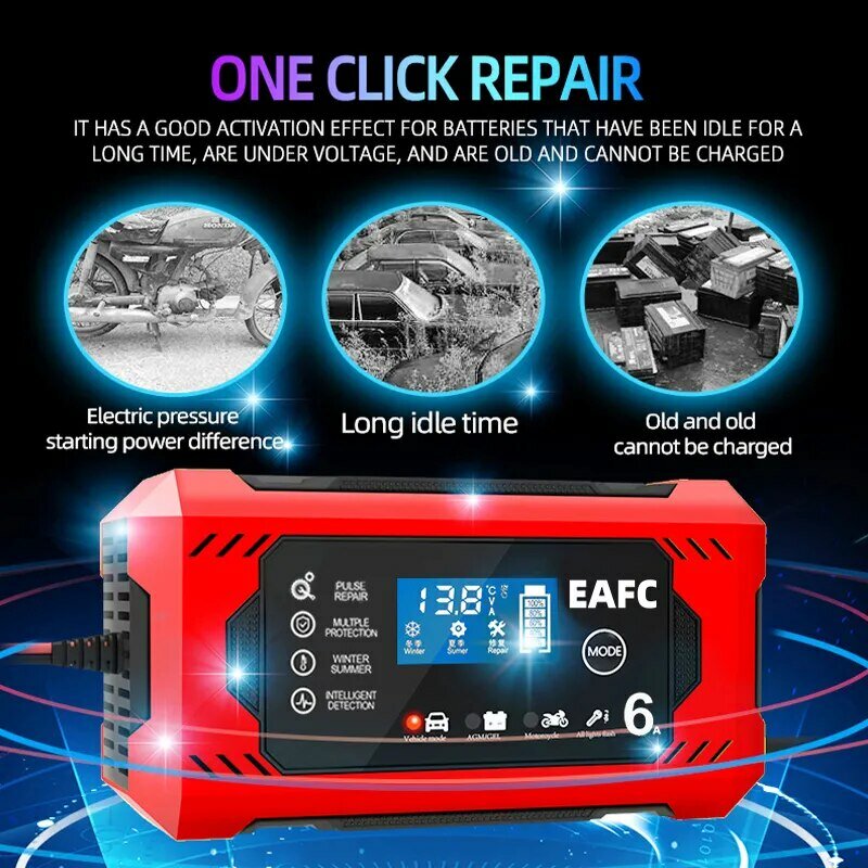 Car Battery Charger 6A 12V Car and Motorcycle Battery Charging Device Lead-acid Battery Smart Repair LCD Display