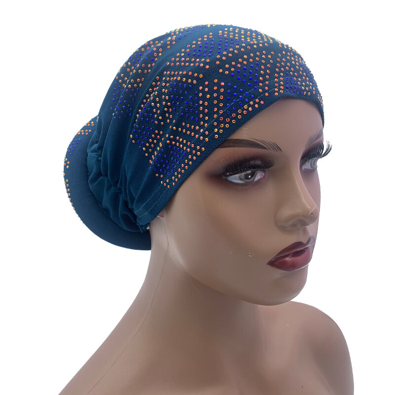 2023 Novo Glitter Diamantes Tampão Turbante das Mulheres Verão Muçulmano Beanie Cabeça Envolve Lenço Feminino Bonnet Lady Party Headdress