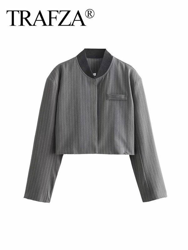 TRAFZA-Blazer curto listrado feminino, jaqueta bomber solta, gola redonda, manga comprida, botão, fino, moda outono