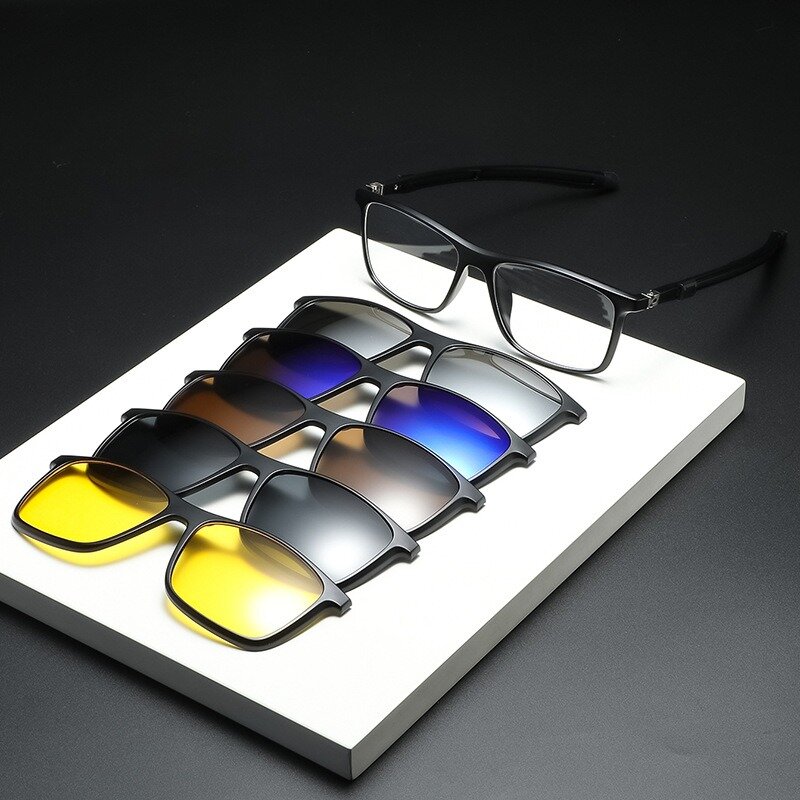 Eyeglasses Frame Men With 5 PCS Clip On Polarized Sunglasses Spectacle Magnetic Glasses Male UV400 Eyeglasses 2509