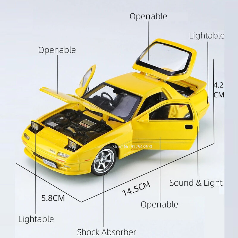 1/32 INITIAL D Mazda RX-7 mainan Diecast, Model mobil olahraga lampu suara peredam kejut Model kendaraan untuk hadiah ulang tahun anak laki-laki