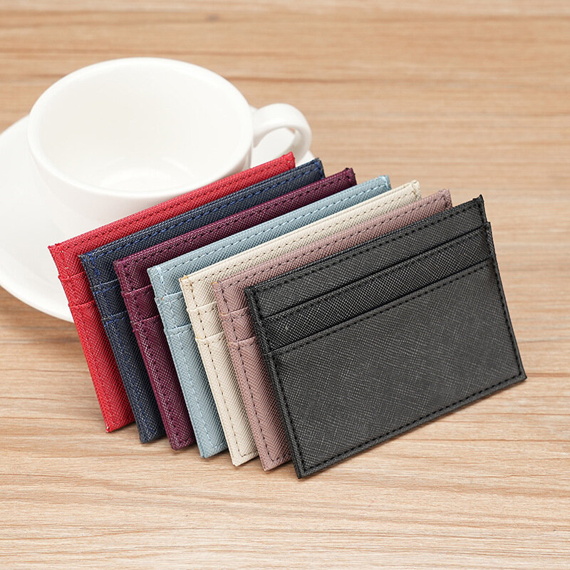 Dompet tempat kartu wanita kulit PU ramping tipis dompet tempat kartu kredit modis dompet Mini warna Solid tas uang saku koin