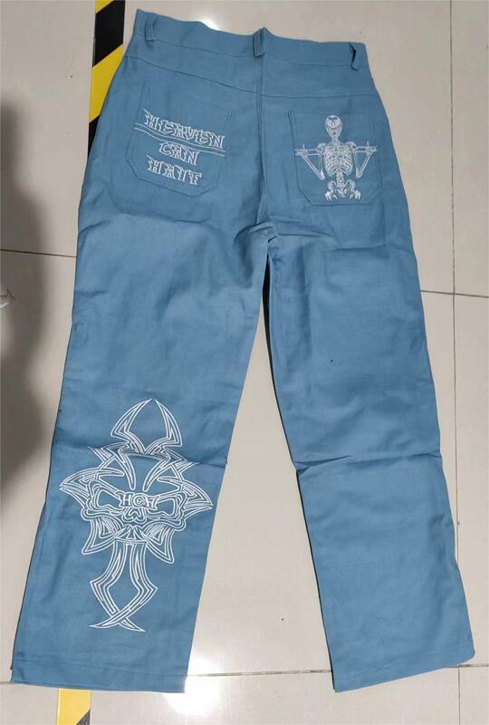 Jeans klasik Harajuku bordir tengkorak Pria Wanita, jeans biru lurus hip hop y2k 2024 untuk perempuan