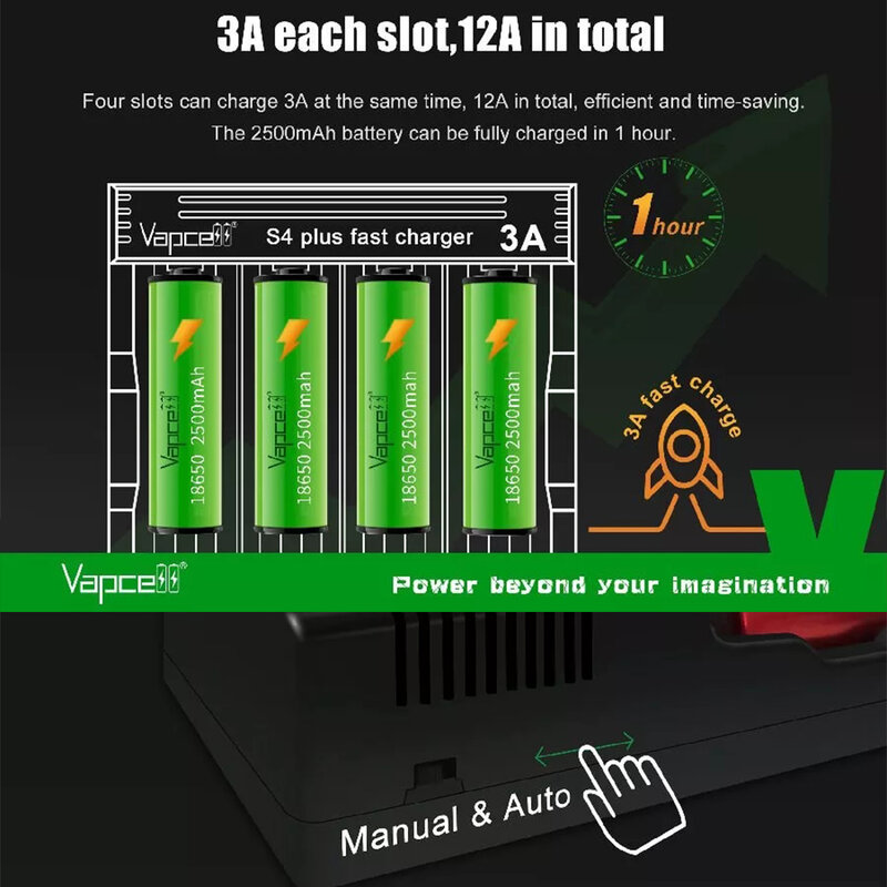 Vapcell S4+ New 3.0 Version Smart Chargers with 4 Slots Max 3A Per Slot Battery Charger for 10440 14500 16340 18650 21700  26650