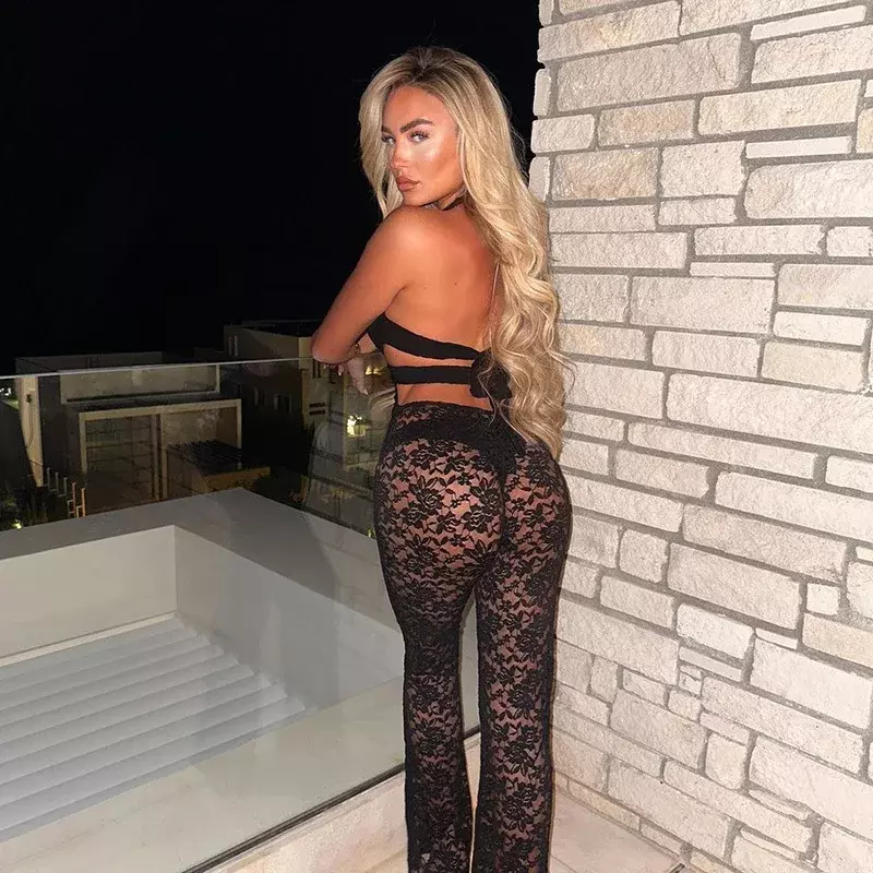 Black Lace Sheer Jump Suits for Women Halter Sleeveless Slim Bodysuit Backless Flare Pants Sexy Long Rompers Coquette Jumpsuit
