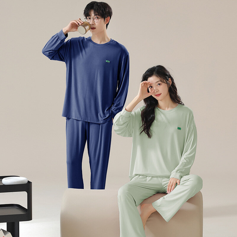 Conjunto de Pijama de Color liso para hombre y mujer, ropa de dormir de manga larga, para estar en casa, 2024