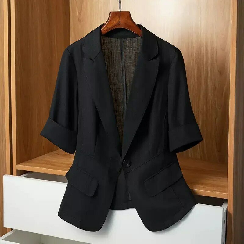 Women's Thin Suit Jacket Spring Summer Tops Korean Fashion Slim Fit Leisure Short Sleeve Jacket Office Lady Plus Size Designer