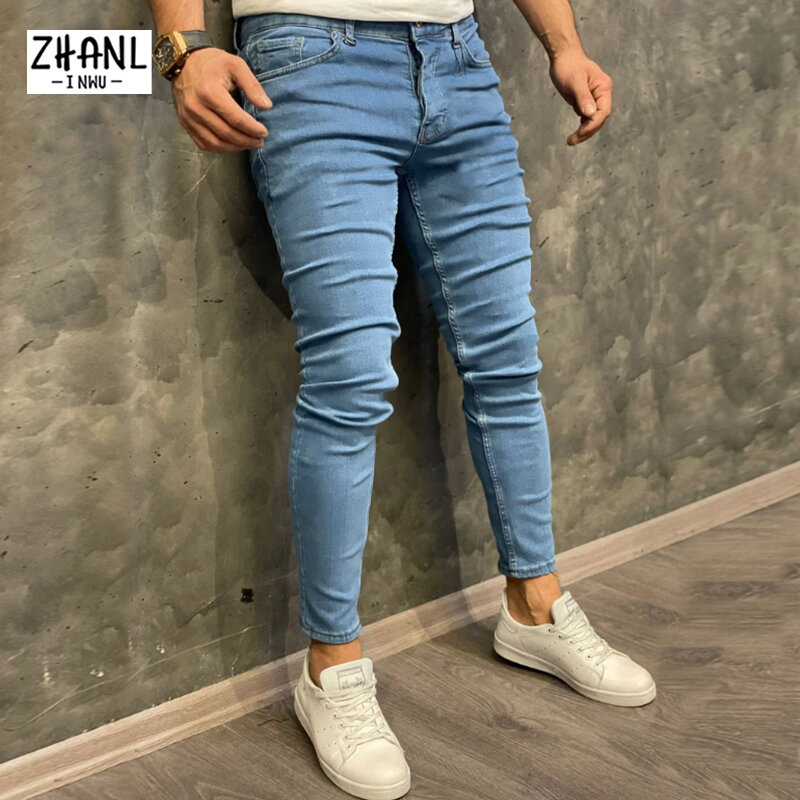 Jeans Pria Celana Pensil Elastis Slim Fit Jeans Pemuda Celana Ritsleting Pria Biru Empat Musim Perjalanan Kasual Celana Fashion Kasual Pria