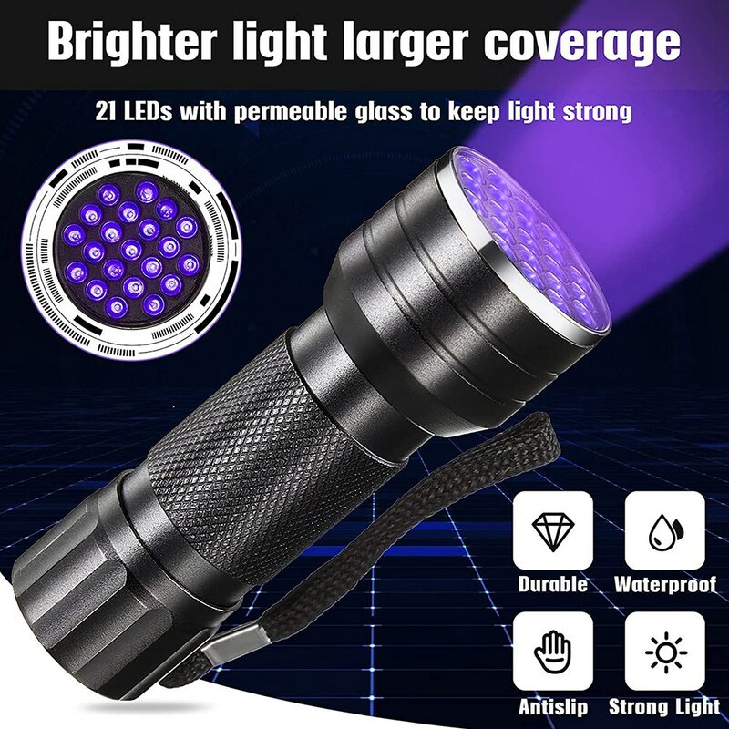 Linterna de luz negra UV, 21 LED, Detector de orina para perros y mascotas, antorcha de luz negra UV de mano para manchas