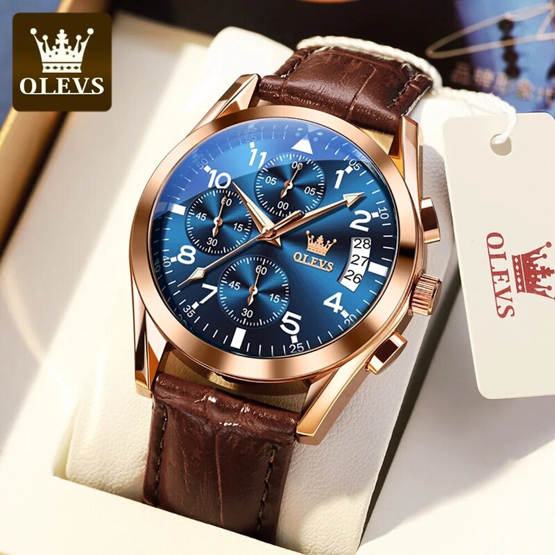 OLEVS Luxury Brand Quartz Watch Leather Strap Calendar Men's Watch Waterproof Luminous Original Authentic Chronograph Male Watch