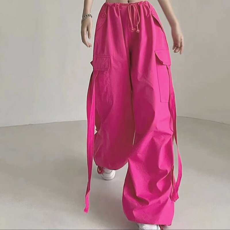 Pantaloni Cargo rosa 2024 estate nuovi pantaloni della tuta oversize nastro con lacci vita bassa Chic Capris Casual Streetwear nuovi pantaloni da donna