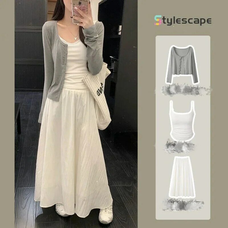 Korean Style Long Sleeved Cardigan with Bottom Suspender Vest, White Long Skirt, 2024 New Fashionable Women's Three Piece Set