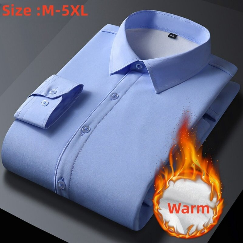 New 2024 Men's Warm Long Sleeve Shirts Autumn Winter Thick Fleece Casual Business Dress Shirts Male Social Oversized Shirts 5XL