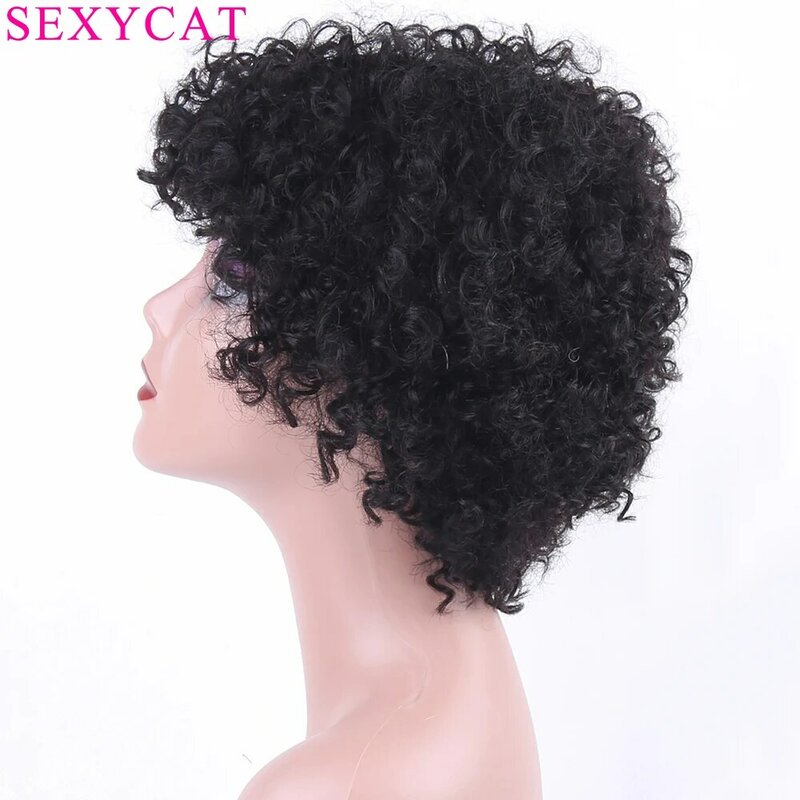 SexyCat wig potongan Pixie keriting rambut manusia 6 inci wig depan tidak ada renda pendek keriting rambut manusia hitam wanita warna alami