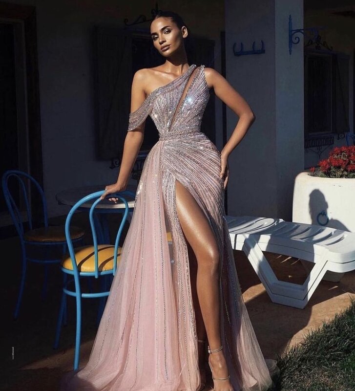 Luxury Rose Pink One Shoulder Mermaid Evening Dresses for Women Wedding Party High Slit Long Prom Formal Gowns