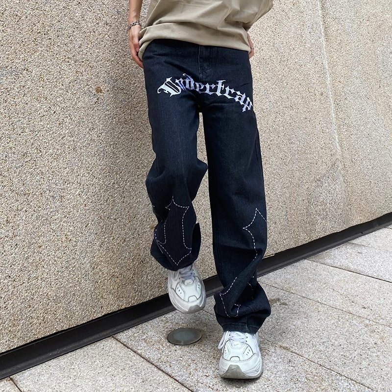 Harajuku-pantalones vaqueros rectos de pierna ancha para hombre, ropa de calle negra con estampado de letras, Hip Hop