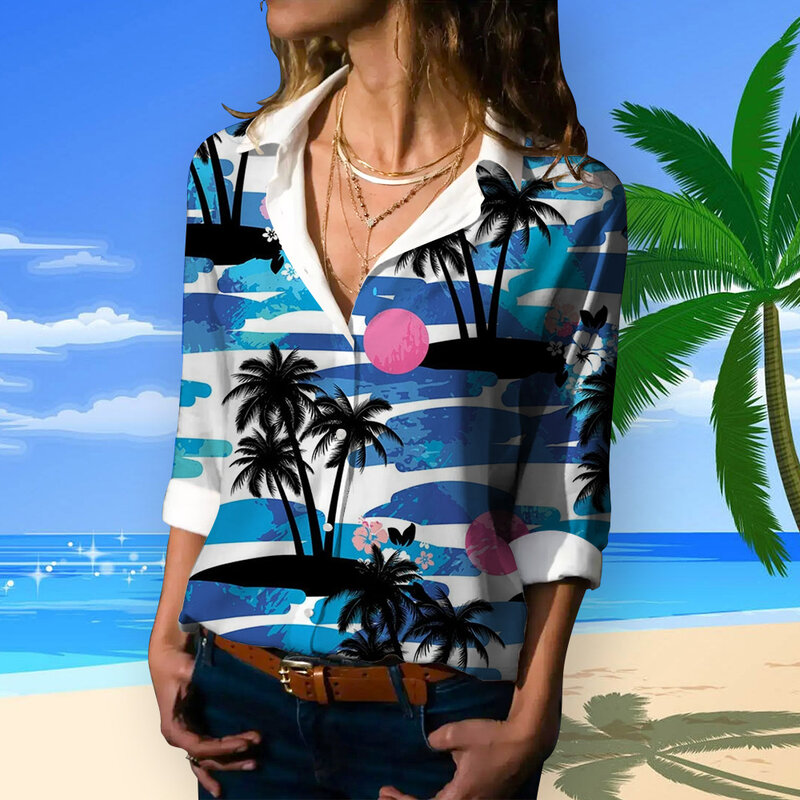 قمصان نسائية بأكمام طويلة على طراز هاواي ، قمم الشاطئ ، خمر ، الترفيه ، الربيع ، الصيف ، هاراجاو ، طية صدر السترة ، قمم كبيرة الحجم