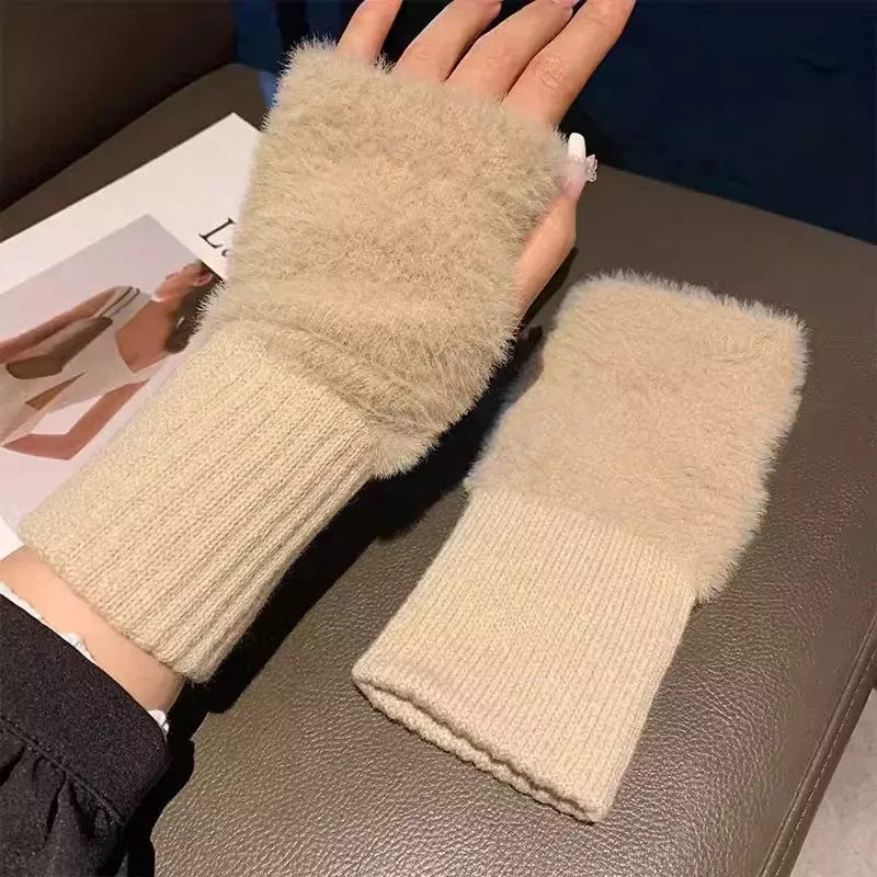 Norek polar miękkie zimowe półpalcowe rękawiczki damskie ciepłe luksusowe solidny biały pluszowe dziane rękawiczki bez palców rękawiczki na nadgarstki