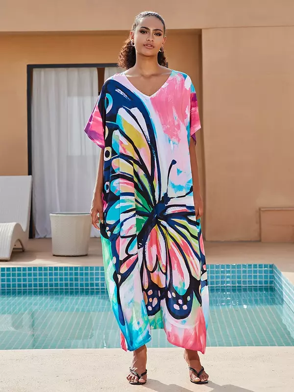 Платье Sunforyou Caftan для женщин, купальный костюм с принтом бабочки, накидка, легкое платье в стиле бохо, RobeTunic, пляжная одежда для отдыха