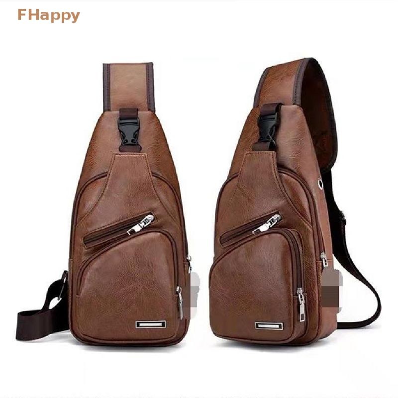 Men Chest Bag Pu Leather Outdoor Waterproof With USB Charging Earphone Hole Fashion Messenger Shoulder Bag For Male