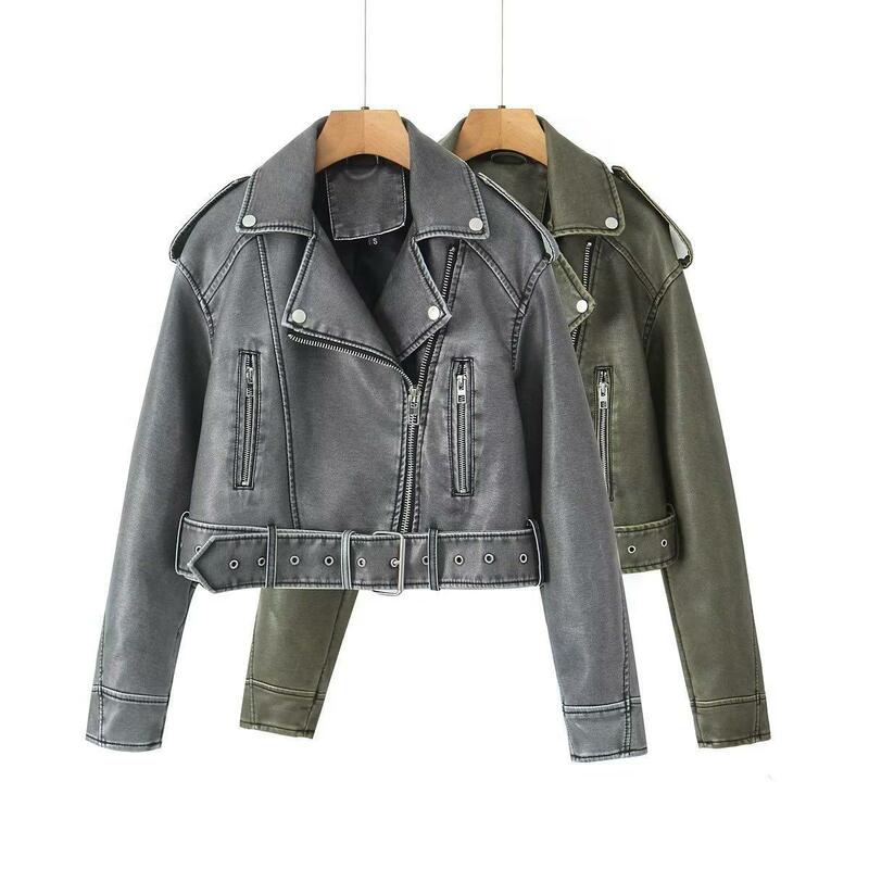 2024 Women Vintage Loose Pu Faux Leather Short Jacket with Belt Streetwear Female Zipper Retro Moto Biker Coat Outwear Tops