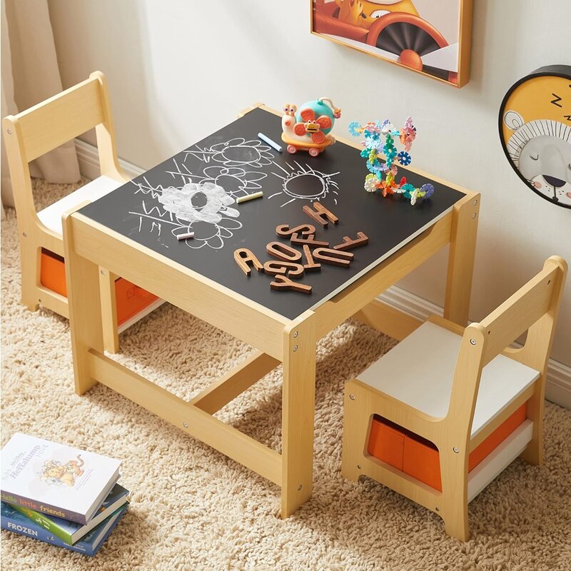 어린이 탁자 및 의자 세트, 서랍이 있는 3 in 1 나무 활동 테이블, 분리형 탁자 및 의자 세트, 2 in 1