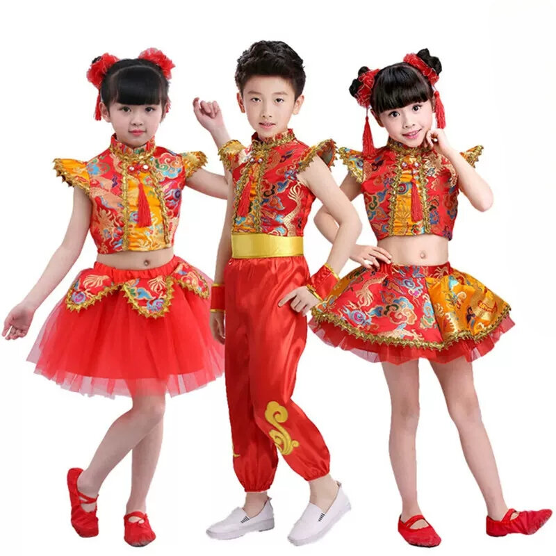 Chińskie tradycyjne noworoczne kostiumy Dragon Dance Kids Yngko zestaw ubrań Boy Girl Red Kungfu Wushu strój Tang Hanfu taniec ludowy
