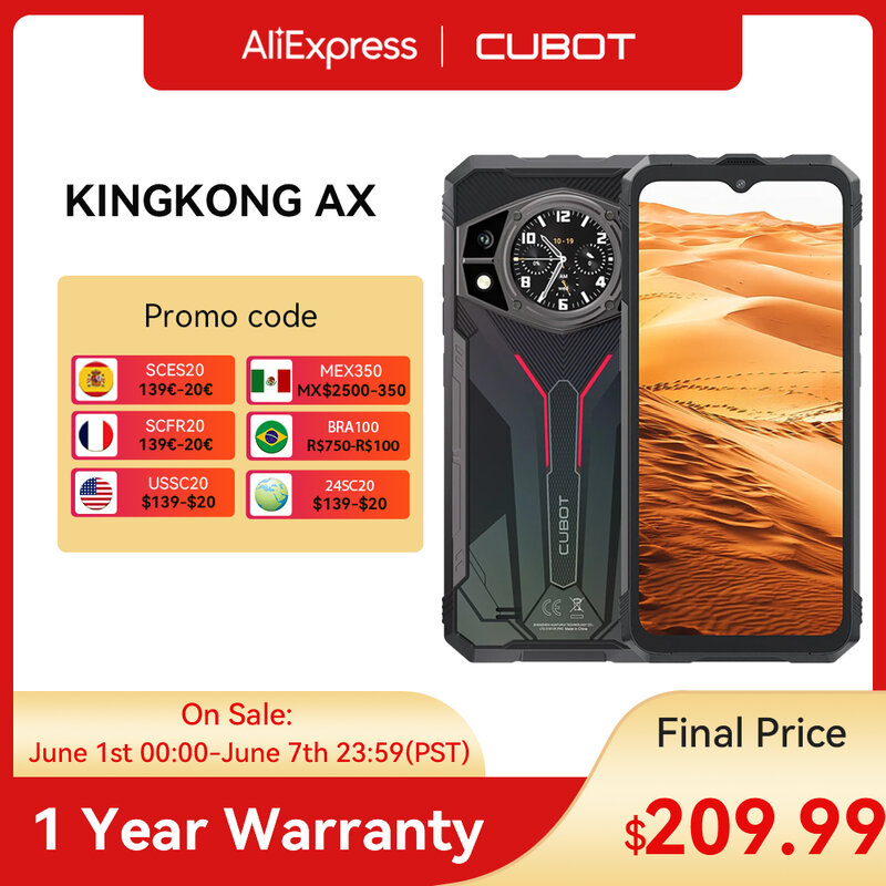 Cubot KINGKONG AX 견고한 스마트폰, 안드로이드 14, Helio G99, 24GB RAM(12 + 12), 256GB ROM, 120Hz 화면, 100MP 카메라, NFC 스마트폰