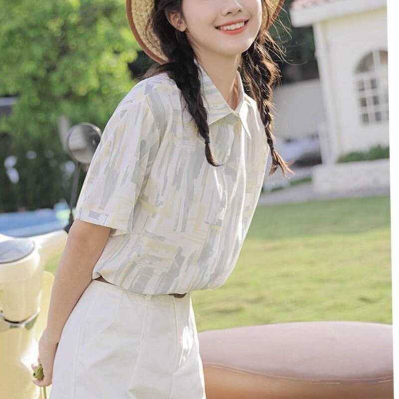 Sweet Fashion Versatile estate donna Polo-collo Tie Dye monopetto coreano semplicità Casual manica corta camicie larghe top