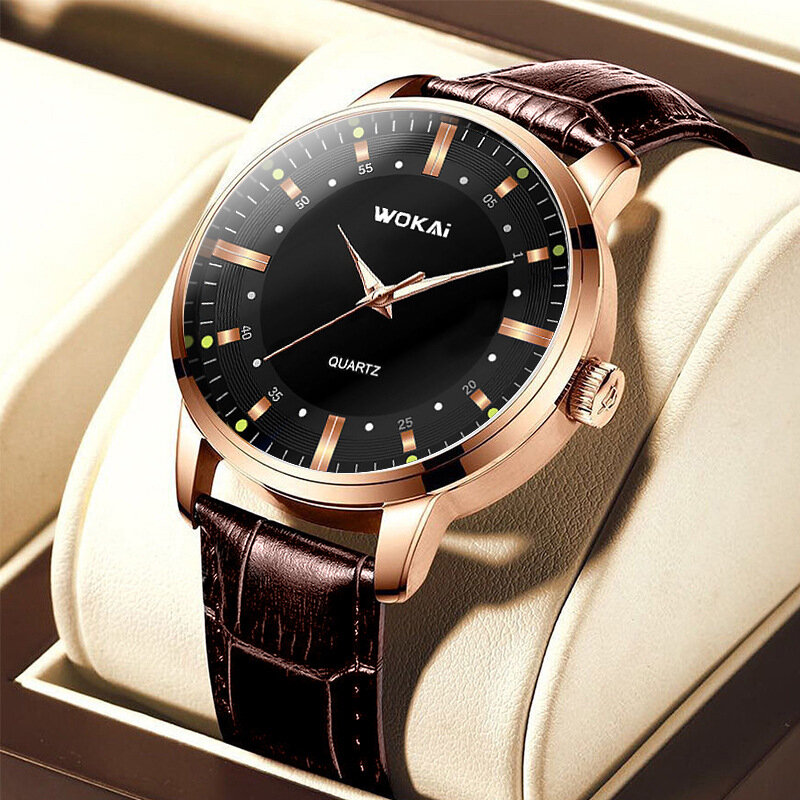 Hot Sale Wokai Watch Men Rose Gold Business Watches Waterproof Glow Dial Leather Belt Quartz Wristwatches Men Reloj Hombre 2023
