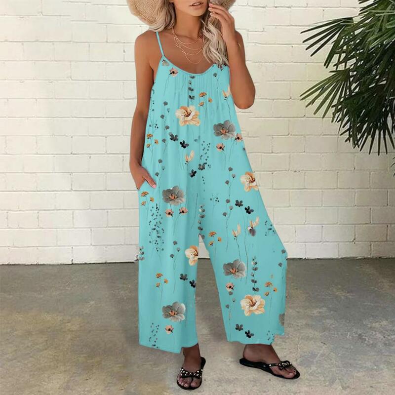 Women Printed Jumpsuit Floral Print Vacation Jumpsuit Adjustable Spaghetti Strap Backless Wide Leg Crotch Side Pockets Summer