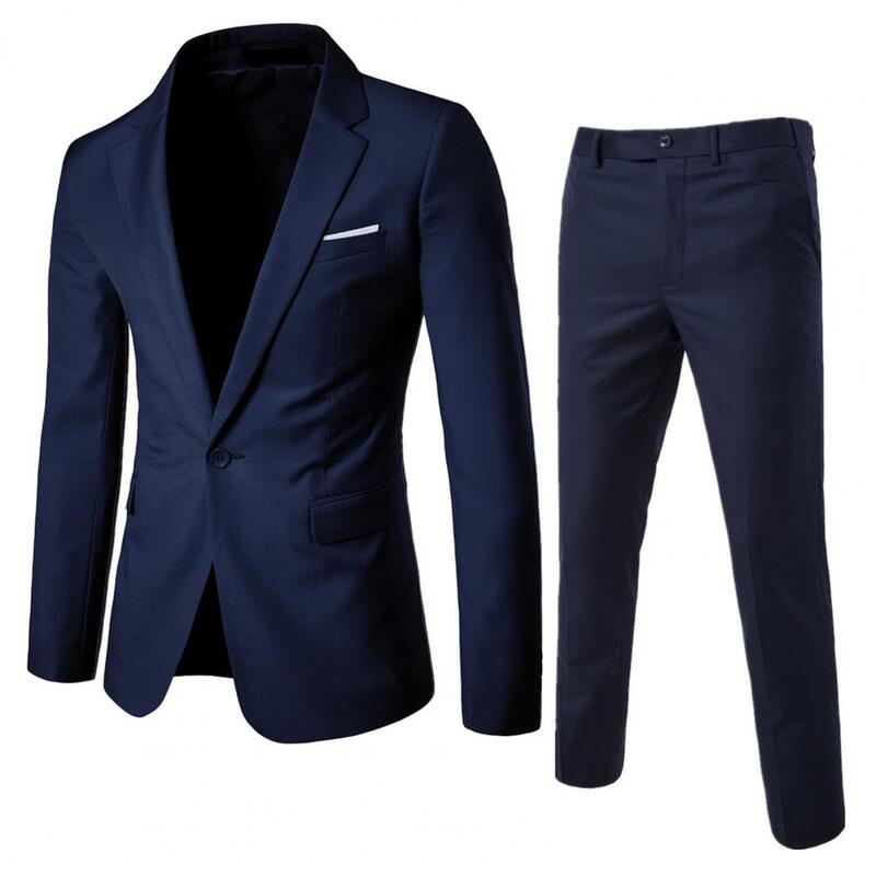 Blazer de negócios masculino, conjunto de calças, lapela, manga longa, botão único, bolsos, ajuste fino, casamento, noivo