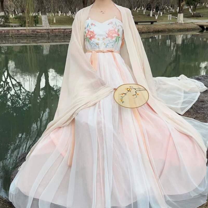 Tradycyjna chińska wróżka kobieca haftowane kwiaty Tang odzież do tańca pokaz Cosplay księżniczka bajkowa sukienka Hanfu
