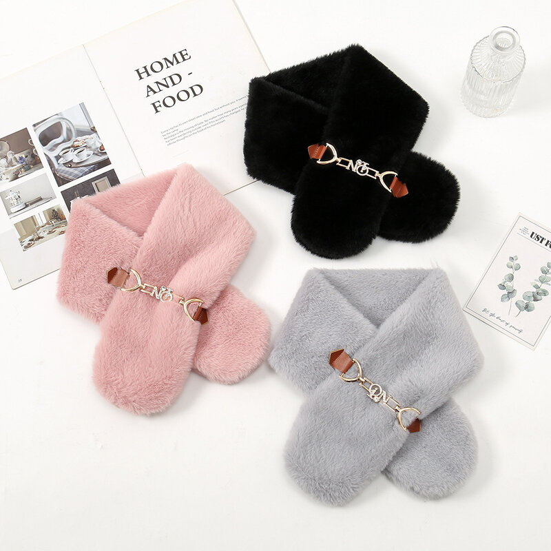 Korean Style Winter Women Plush Cross Scarf Autumn Thickened Warm Faux Fur Scarves Girls Student Soft Warmer Neck Ring Scarf New