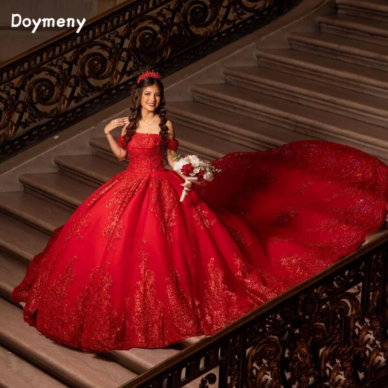 Doymeny аппликация, платье Quinceanera с открытыми плечами, блестящие пайетки оборки, атласные платья для выпускного вечера, милое 16 вечерние vestido 15