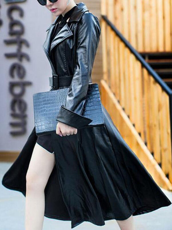 Mulheres jaqueta de couro genuíno casual wear sexy longo trench coat couro genuíno outwear