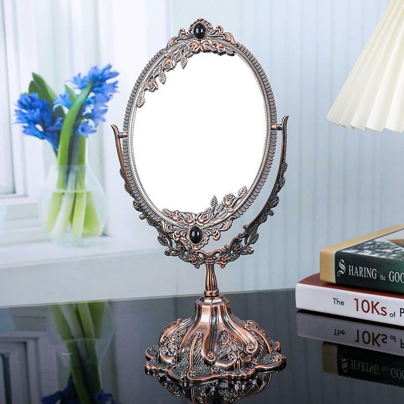 Home Bedroom Ins Vintage Style Makeup Mirror Two Sided Swivel Desk Type Oval Mirror with Exquisite Metal Embossed Stand
