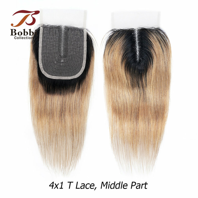 50g/pc 4 Bundles with Closure Transparent 4x1 T Lace Middle Part Ombre Ginger Blonde Straight Remy Human Hair Short Bob Style