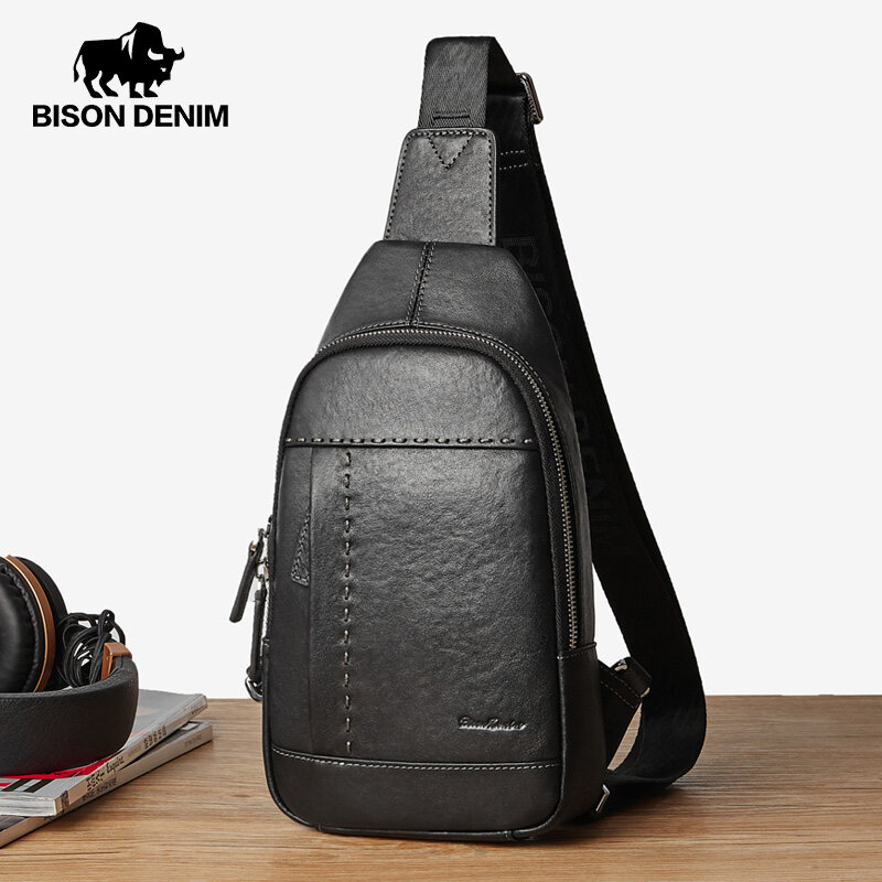 BISON DENIM – sac à bandoulière en cuir véritable pour hommes, sac de poitrine Design de luxe, Durable, Vintage, loisirs, voyage