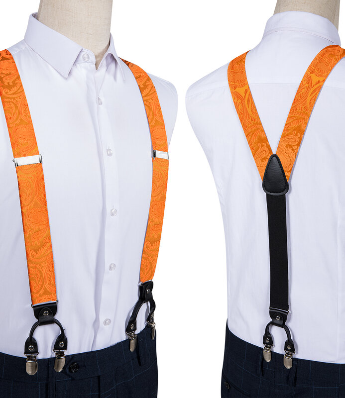 Fashion Silk Men's Adjustable Suspenders Orange Paisley Pre-tied Bowtie Pocket Square Cufflinks Set for Wedding Party Business