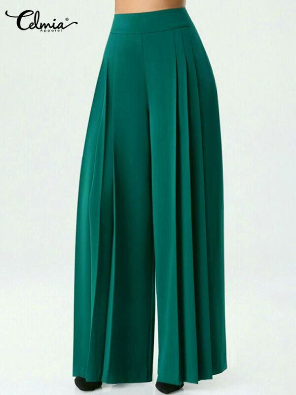 2023 элегантные женские брюки Celmia, модные плиссированные широкие брюки, повседневные эластичные длинные брюки с высокой талией, однотонные тонкие брюки