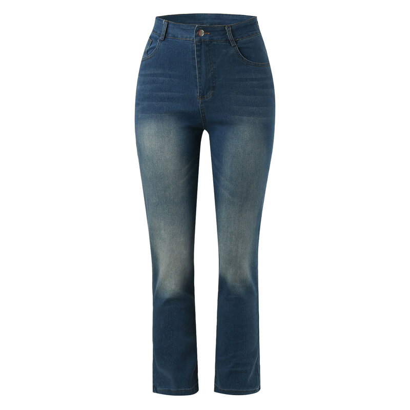 Calça jeans casual clássica elástica feminina, tamanho grande, solta, alta elasticidade, encaixe fino, micro-queimado, jeans feminino, na moda