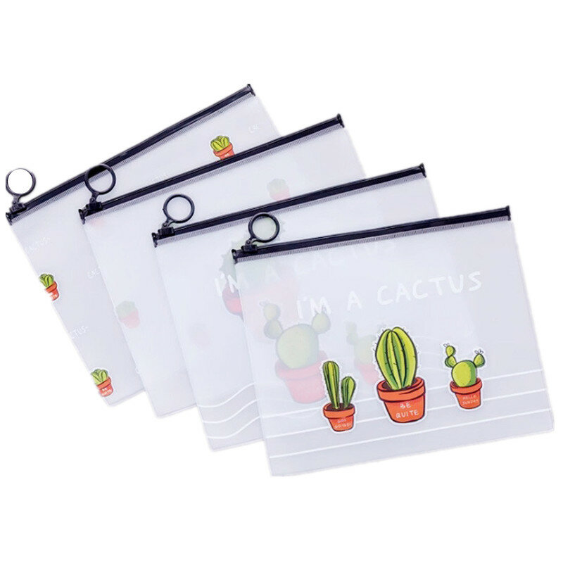 Tas pensil alat tulis tas dokumen Folder A5 transparan pola kaktus 17.1*21.2 Cm untuk pelajar anak perempuan tas Makeup