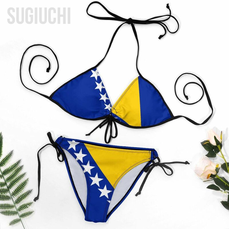 ชุดว่ายน้ำบิกินี่ลายธงบอสเนียและเฮอร์เซโกวีนาสำหรับผู้หญิงชุดว่ายน้ำปาร์ตี้ชายหาด
