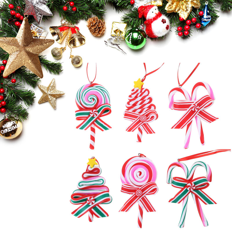 H7EA 6 Pieces Christmas Candy Ornaments Fake Candy Cane Lollipop Hanging Decorations