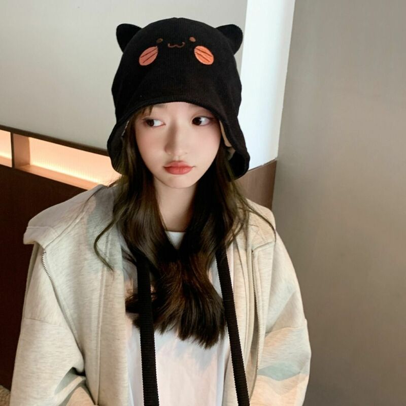 Koreańska, z haftem urocze kocie uszy czapka typu Beanie dla kobiet dziewczęca czapka ochrona słuchu zimowa ciepła czapka